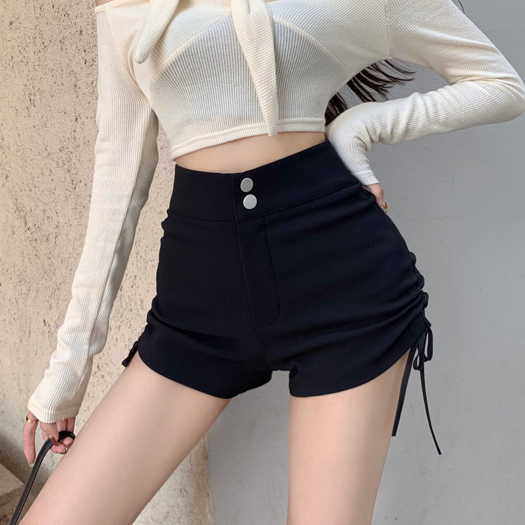 Thick Black Drawstring High Waist Suit Shorts