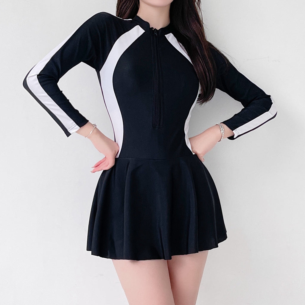 Long Sleeve Black Zip One Piece Swimsuit