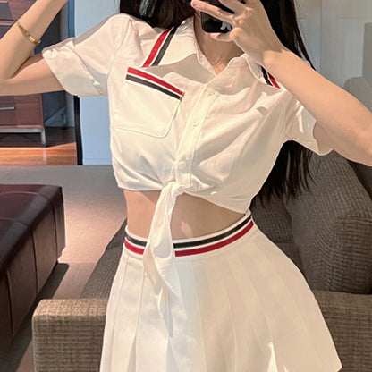 Lace-Up Short-Sleeved Shirt Pleated Skirt Set