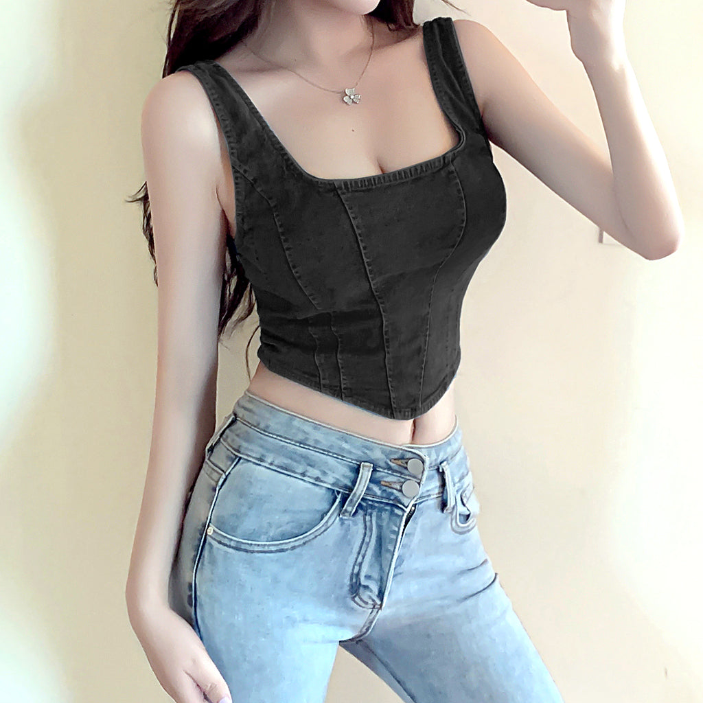 Square Neck Zipper Irregular Fit Denim Vest Top