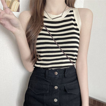 Sleeveless Striped Knit Crewneck Tank Top