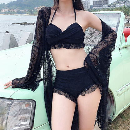 Long Sleeve Lace Cardigan Bikini Swimsuit Set