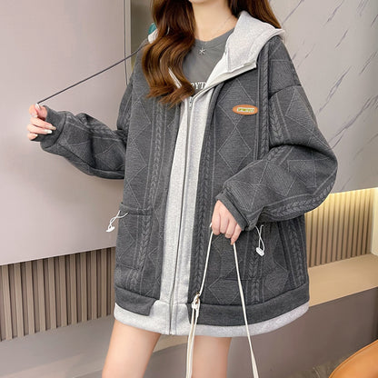 Jacquard Fake Two-Piece Hooded Loose Sweatshirt