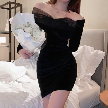 Black Velvet V-Neck Off-The-Shoulder Short Dress