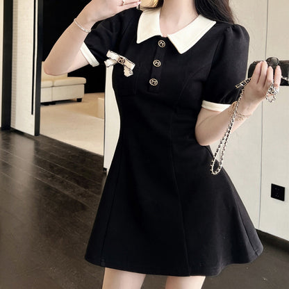 Bow Knot Polo Neck Short Sleeve Casual Dress