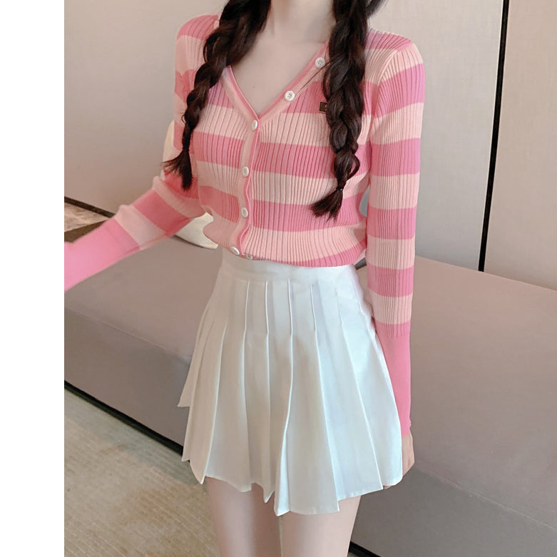 V-Neck Striped Knitted Cardigan Pleated Skirt Suit