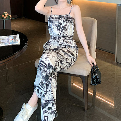 Ink Print Pocket Wide-Leg Suspender Jumpsuit