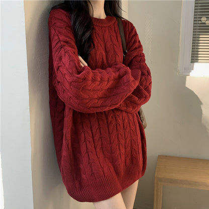 Red Twist Round Neck Loose Knit Sweater Top