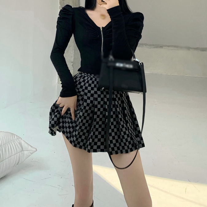 V-Neck Puff Sleeve Knit Top Checkerboard Skirt