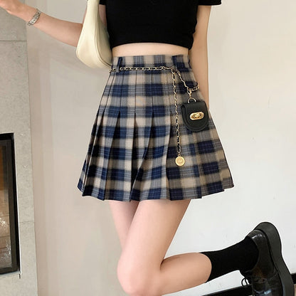 Plaid High Waist Chain Small Bag Pleated Skirt