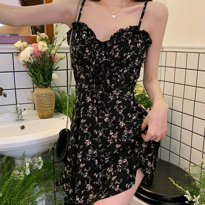 Irregular Slim Black Suspender Floral Dress