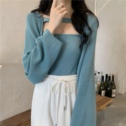 Two-Piece Solid Color Long-Sleeved Knitted Bolero Cardigan