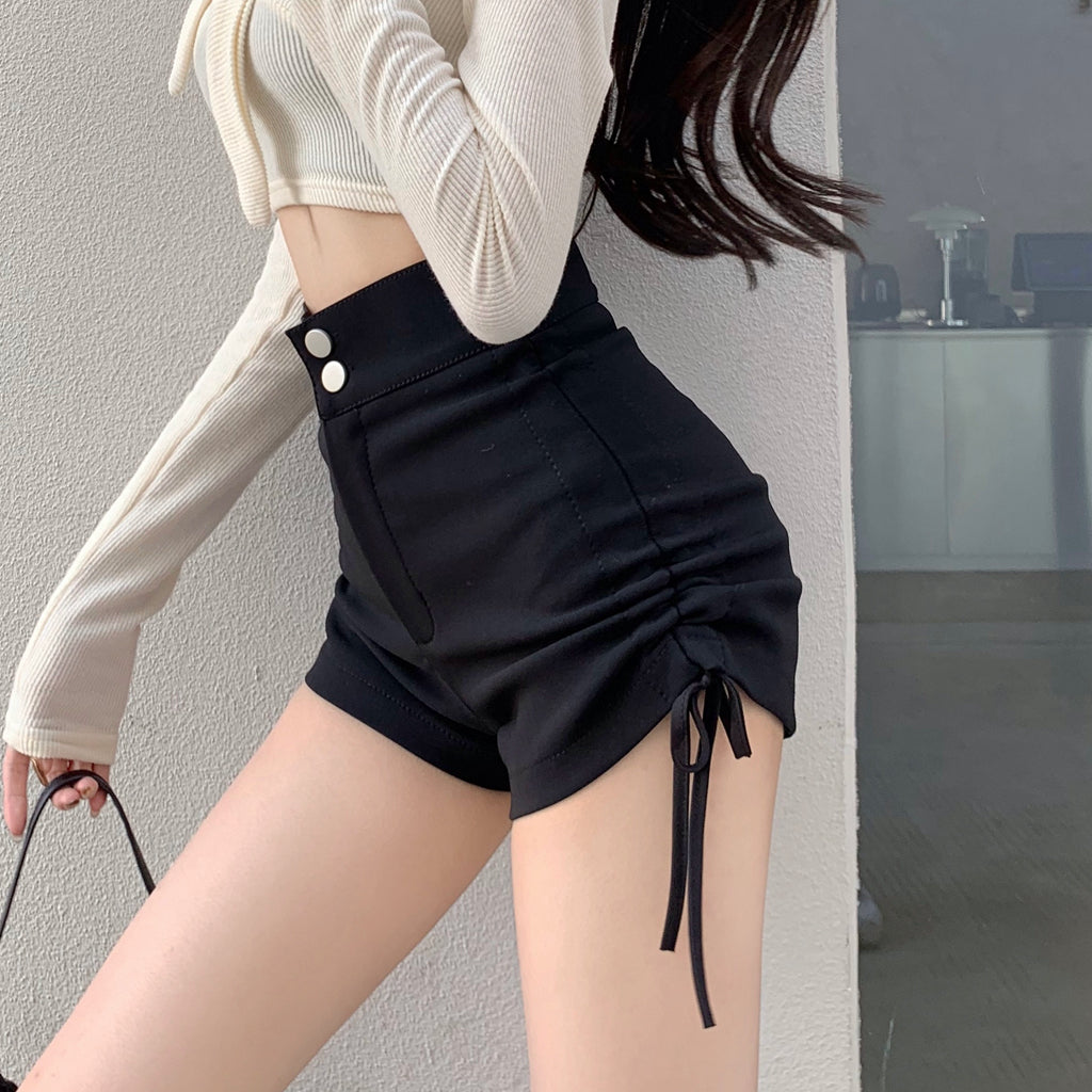 Thick Black Drawstring High Waist Suit Shorts