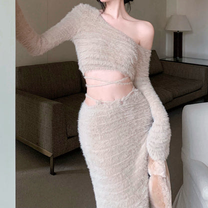 Furry Short Top High Waist Long Skirt Suit