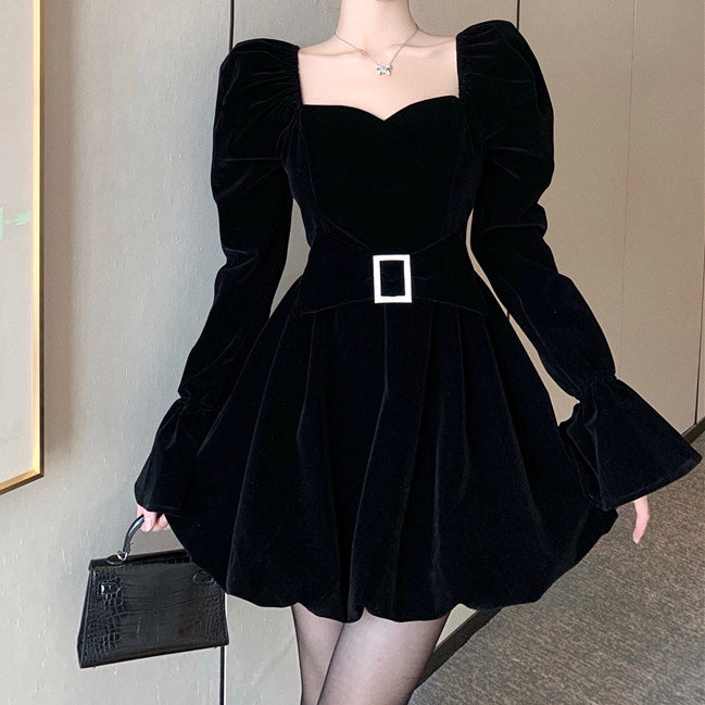 Trumpet Sleeve Velvet Square Neck Waist Black Dress