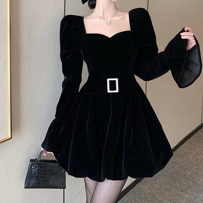 Trumpet Sleeve Velvet Square Neck Waist Black Dress