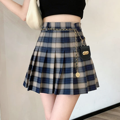 Plaid High Waist Chain Small Bag Pleated Skirt