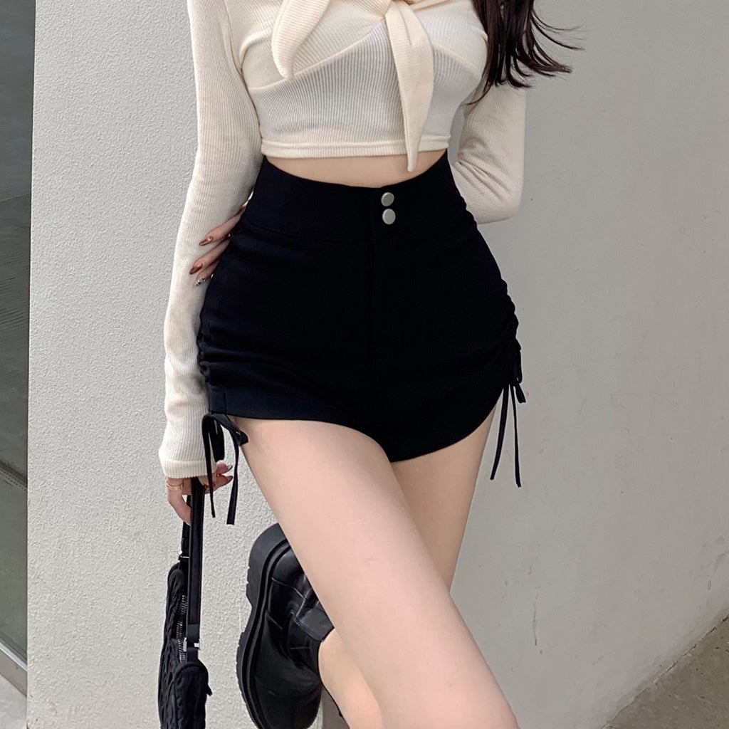 Thick Black Drawstring High Waist Suit Shorts