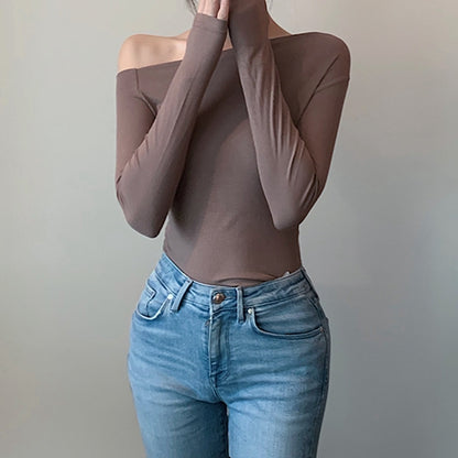 Solid Color Sexy Slanted Shoulder T-Shirt Top