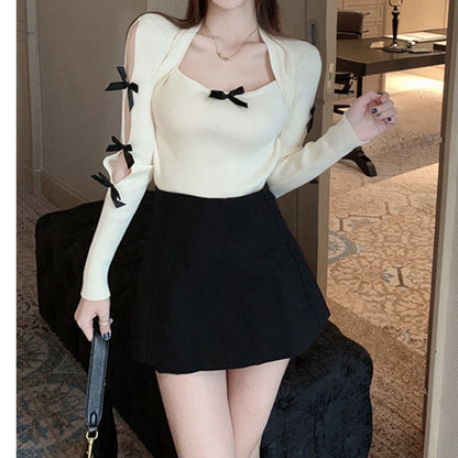 Short Bowknot Square Neck Knitted Sweater