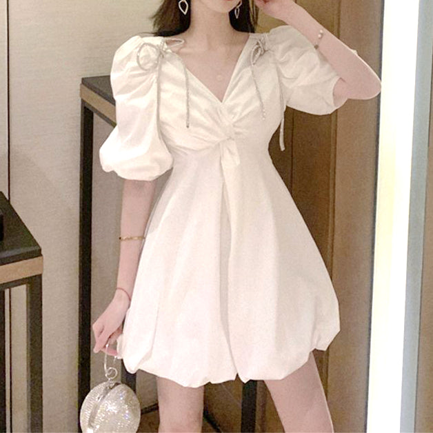 Puff Sleeve V-Neck Fluffy White Dress