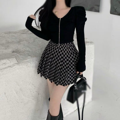 V-Neck Puff Sleeve Knit Top Checkerboard Skirt