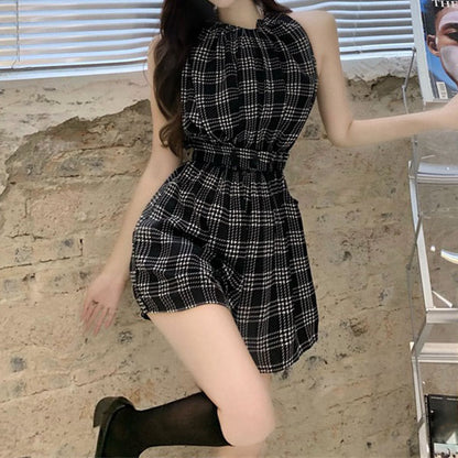 Plaid Casual High-Rise Jumpsuit Shorts  Romper