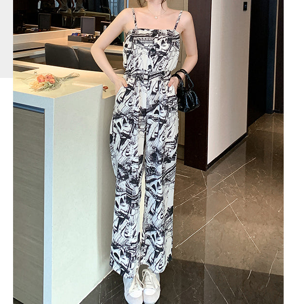 Ink Print Pocket Wide-Leg Suspender Jumpsuit