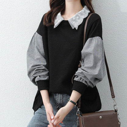 Lace Lapel Plaid Long Sleeve Loose Sweatshirt