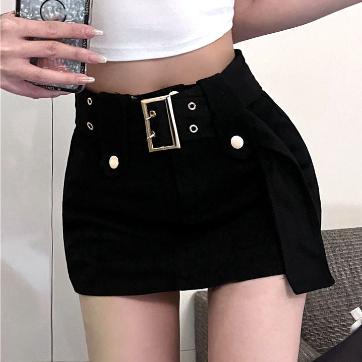 High Waist Belt Slim Fit Solid A-Line Skirt