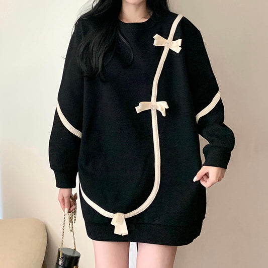 Bow Loose Round Neck Large Size Warm Sweatshirt