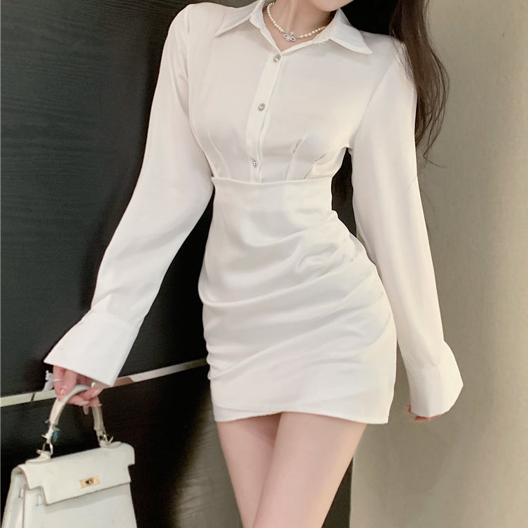 Satin Lapel Button Long Sleeve White Shirt Dress