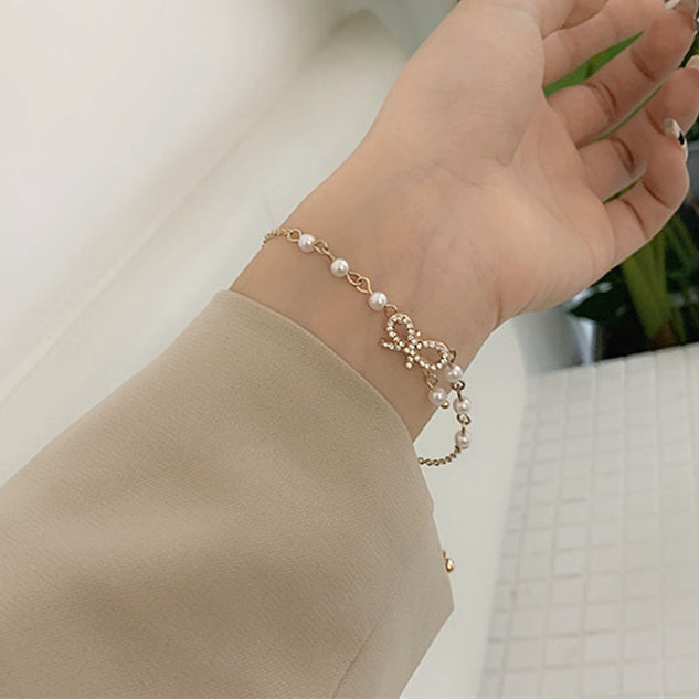 Bow Rhinestone Pearl Alloy Fashion Bracelet