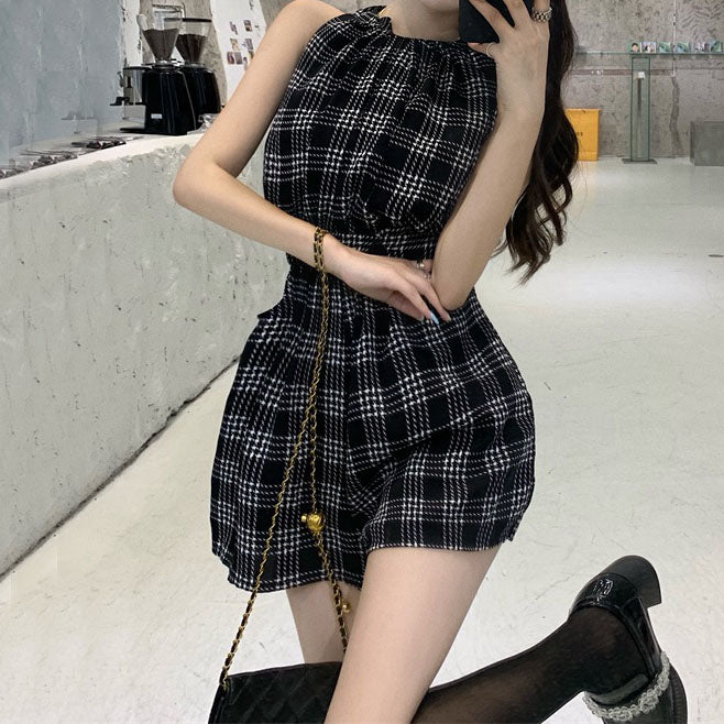 Plaid Casual High-Rise Jumpsuit Shorts  Romper