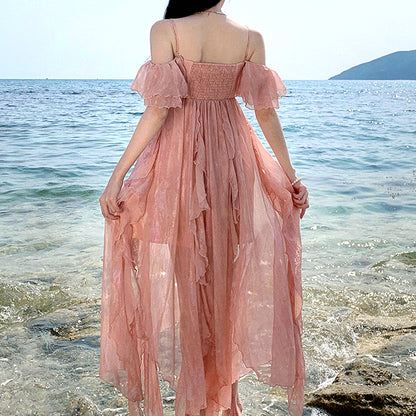 Ruffles Irregular Beach Holiday Pink Dress