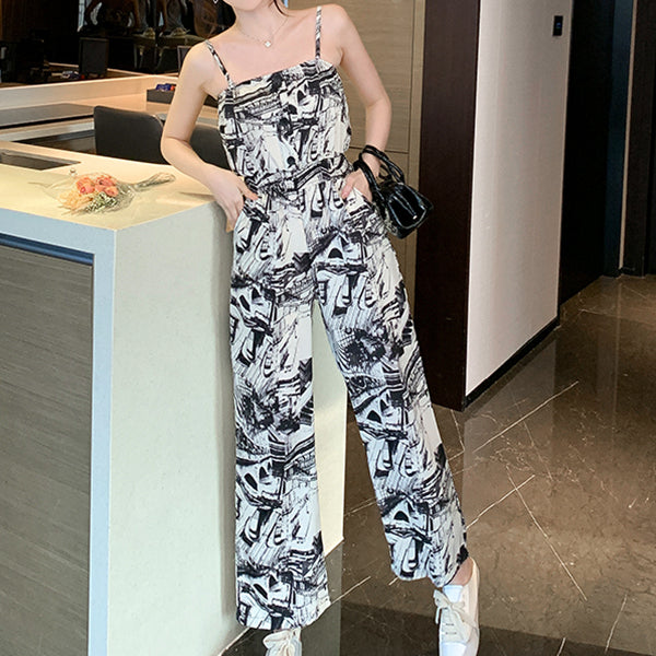 Ink Print Pocket Wide-Leg Suspender Jumpsuit