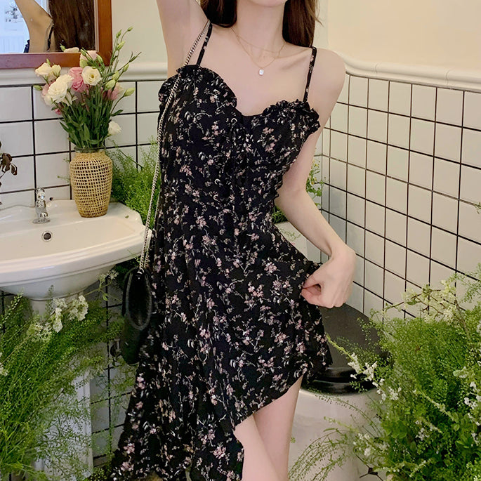 Irregular Slim Black Suspender Floral Dress