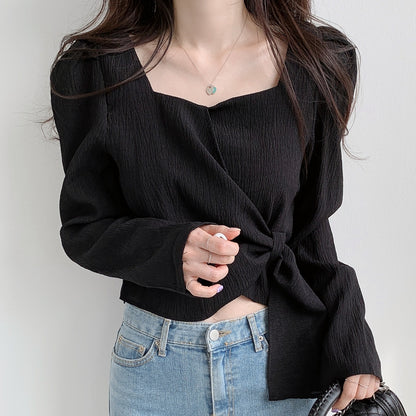 Square Neck Chiffon Clavicle Cropped Shirt