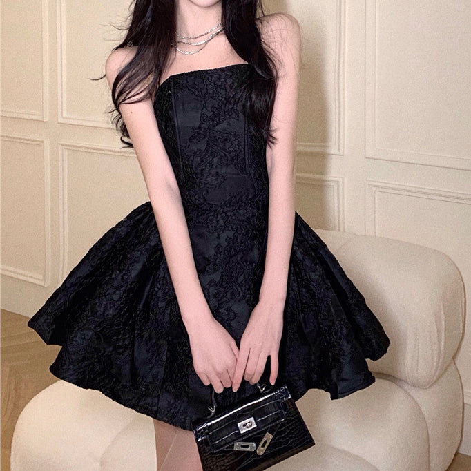 Jacquard Bandeau Sleeveless Black Puff Dress