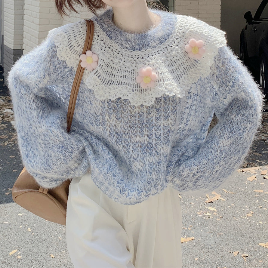 Doll Collar Cutout Flower Loose Long Sleeve Sweater