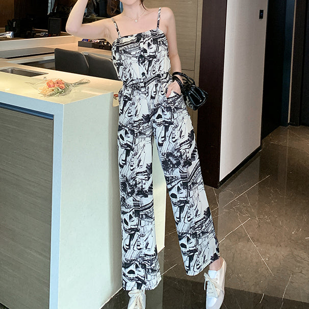 Ink Print Pocket Wide-Leg Suspender Jumpsuit