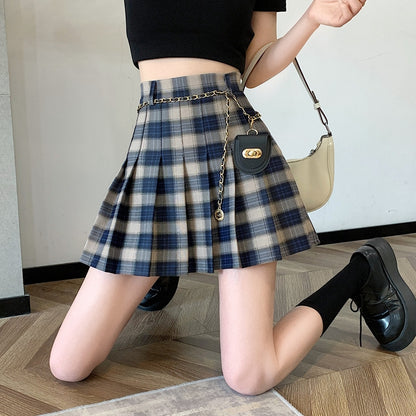 Plaid High Waist Chain Small Bag Pleated Skirt