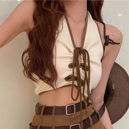 Halter Neck Tie Tank Top Belt Short Skirt Suit