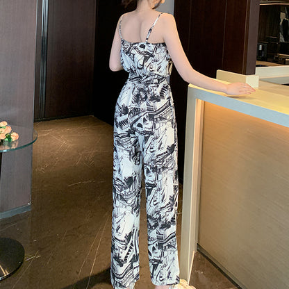 Ink Print Pocket Wide-Leg Suspender Jumpsuit