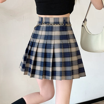 Plaid High Waist Chain Small Bag Pleated Skirt