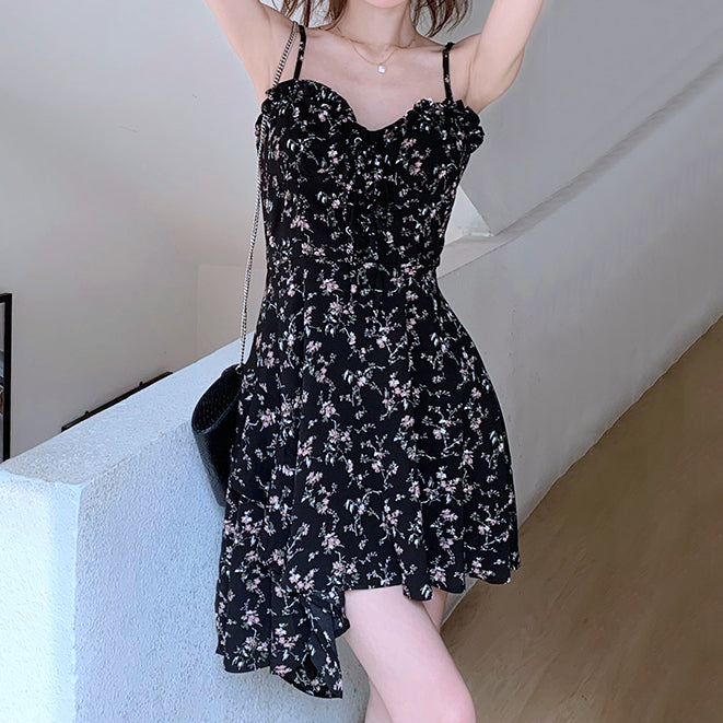 Irregular Slim Black Suspender Floral Dress