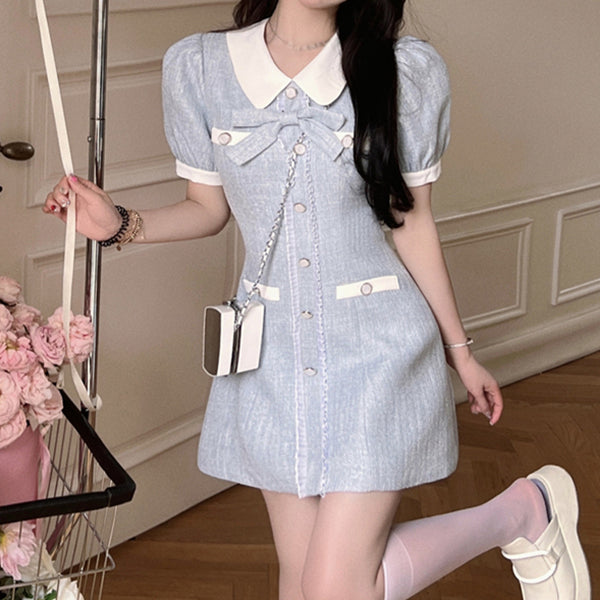 Doll Neck Bow Short Sleeve A-Line Dress