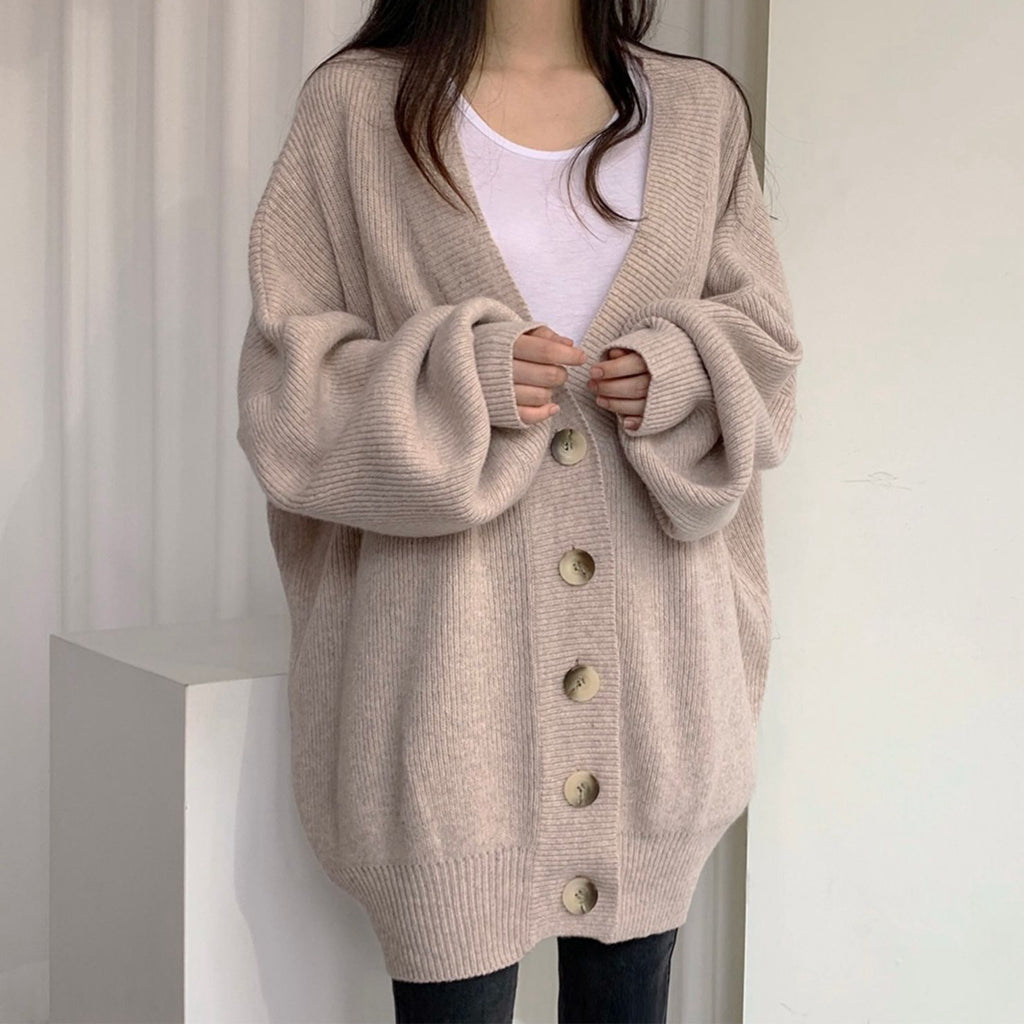 Balloon Sleeve Single Breasted V-Neck Knit Cardigan Winter Clothes