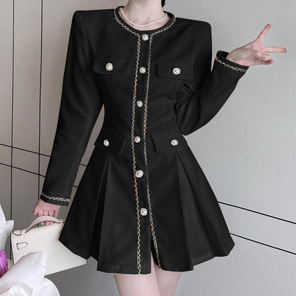 Single-Breasted Crew-Neck Long-Sleeve Pleated Dress