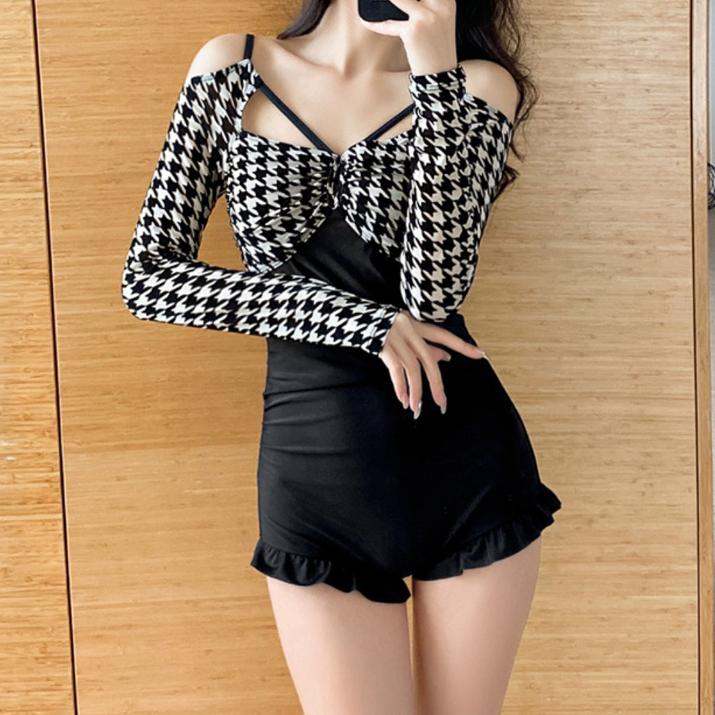 Houndstooth Backless Skirt One-Piece Swimsuit